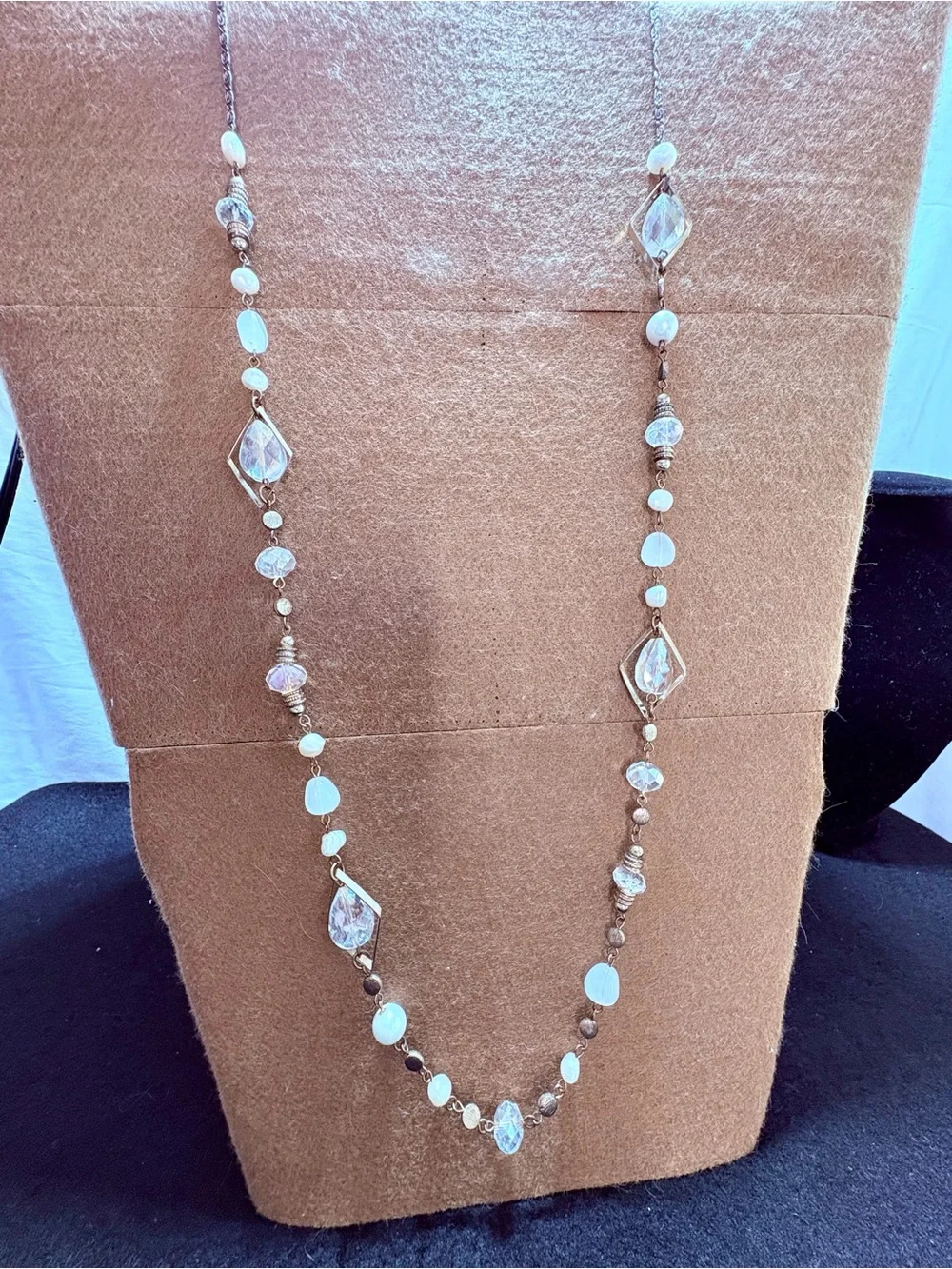 Vintage Elegant Gold-Tone Beaded Long Necklace with Clear and Cream Accents